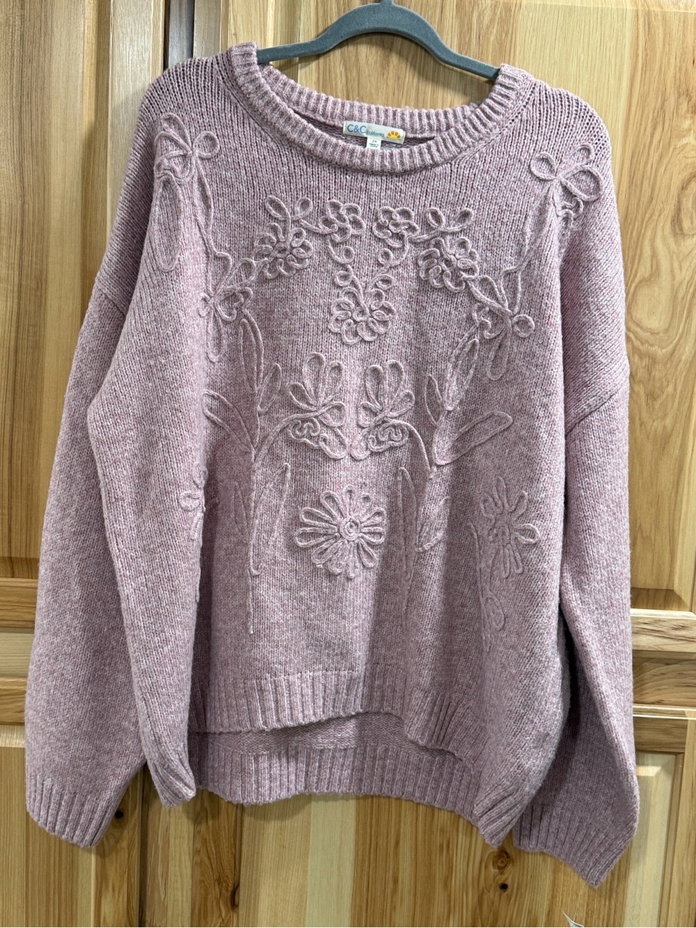 C&C California Women Sz 2X Dusty Rose Tonal Yarn Embroidered Crewneck Sweater